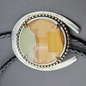 Mens Desert Lanscape Picture Jasper Bolo Braided Leather Tie Natural Gemstone